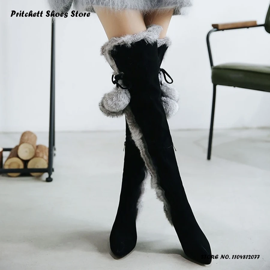 Women's Black Suede Winter Warm Boots Side Zipper Faux Fur Over-the-knee Boots Street Style Elegant Pointed Toe Thin Heels Shoes