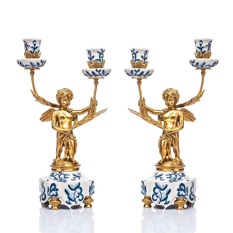 American Style Blue And White Porcelain Brass Angel Candlestick Holders Pair 39.5cm 15.5 Inch Tall For Home Tabletop Decoration