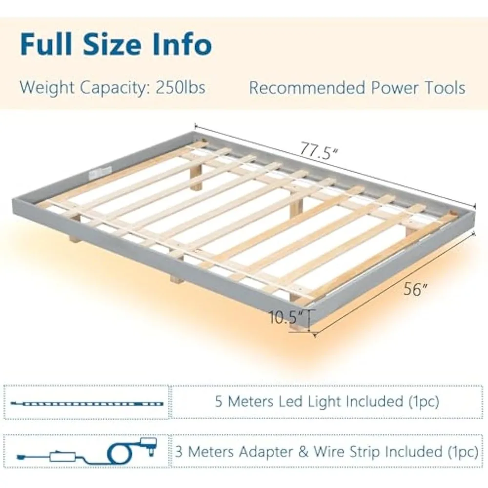 Full Size Bed Frame, Floating Bed Frame with LED Lights Underneath, Low Profile Platform Bed Frame, Solid Pine Wood Slats Su