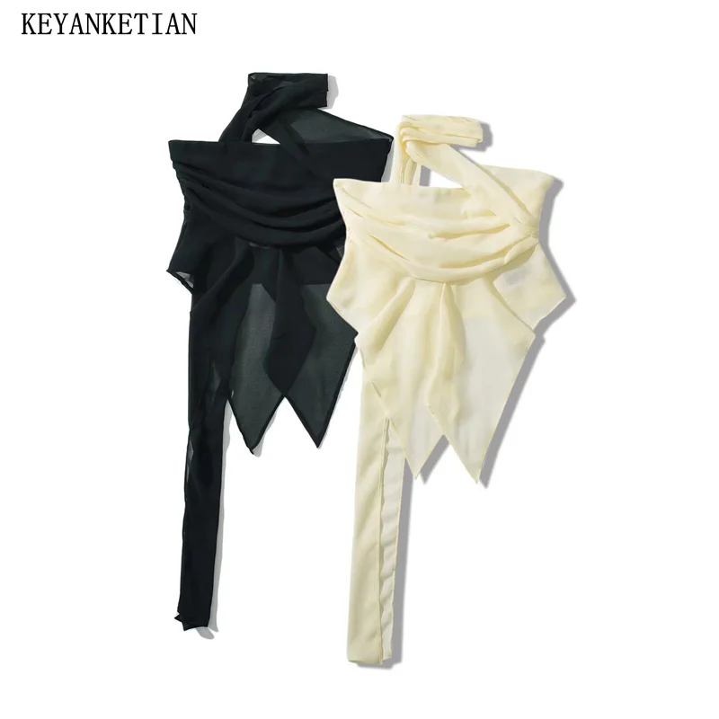 

KEYANKETIAN 2024 New Launch Women's Streamers Adorn Chiffon Vest Fashion Sexy Asymmetrical Short Corset Draped Style Vests