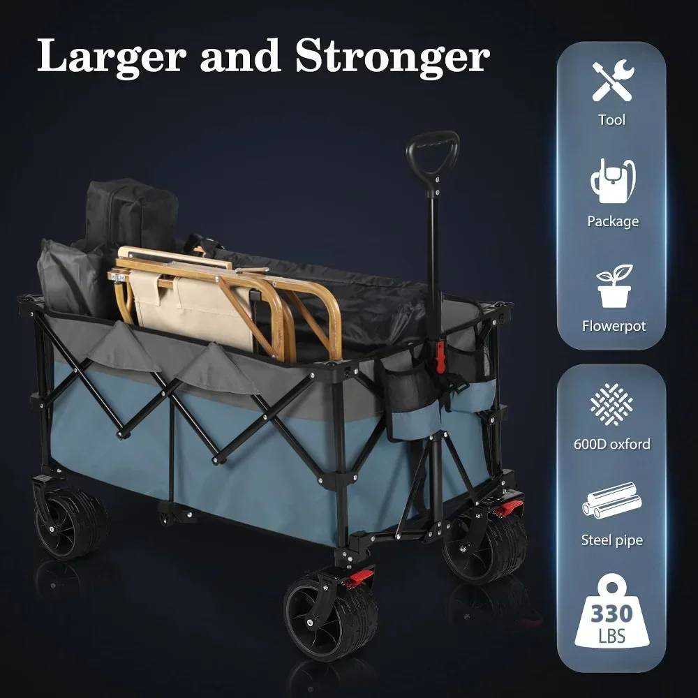 Camping Trolley Heavy Duty Folding Utility Garden Cart With Big All-Terrain Beach Wheels & Drink Holders.Blue&Grey Handcart Hand