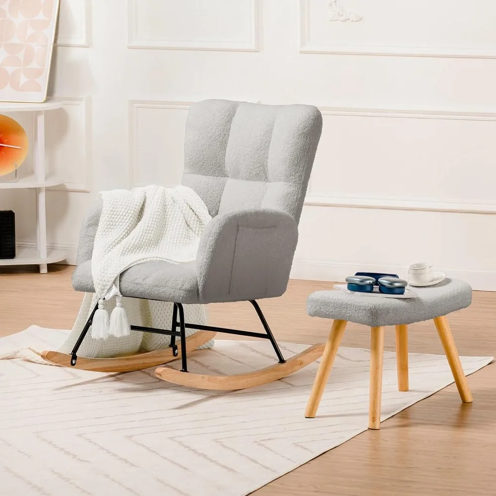 

Nursery Rocking Chair with Footstool, Teddy Glider Rocking Chair with High Back Reading Chair for Bedroom, Living Room