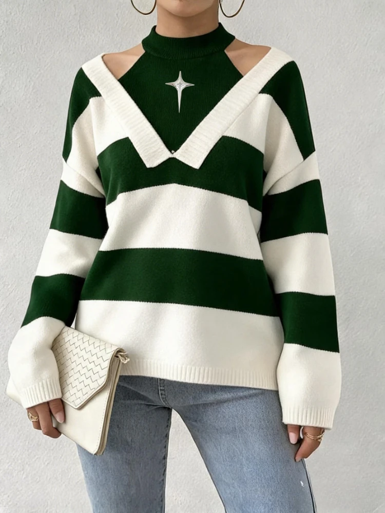 Women Loose‑Fit Knit Pullover Top Mock Neck Green White Stripes Long Sleeve Elastic Ladies Sweater Fall Daily Knitwear Outfit