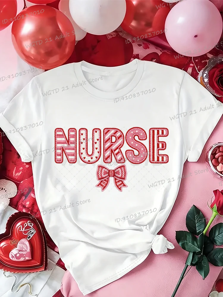

Valentine's Day Nurse T-Shirt Valentine's Day Gift for Nurses Women's Medical Staff Comfortable Short-Sleeve Shirt