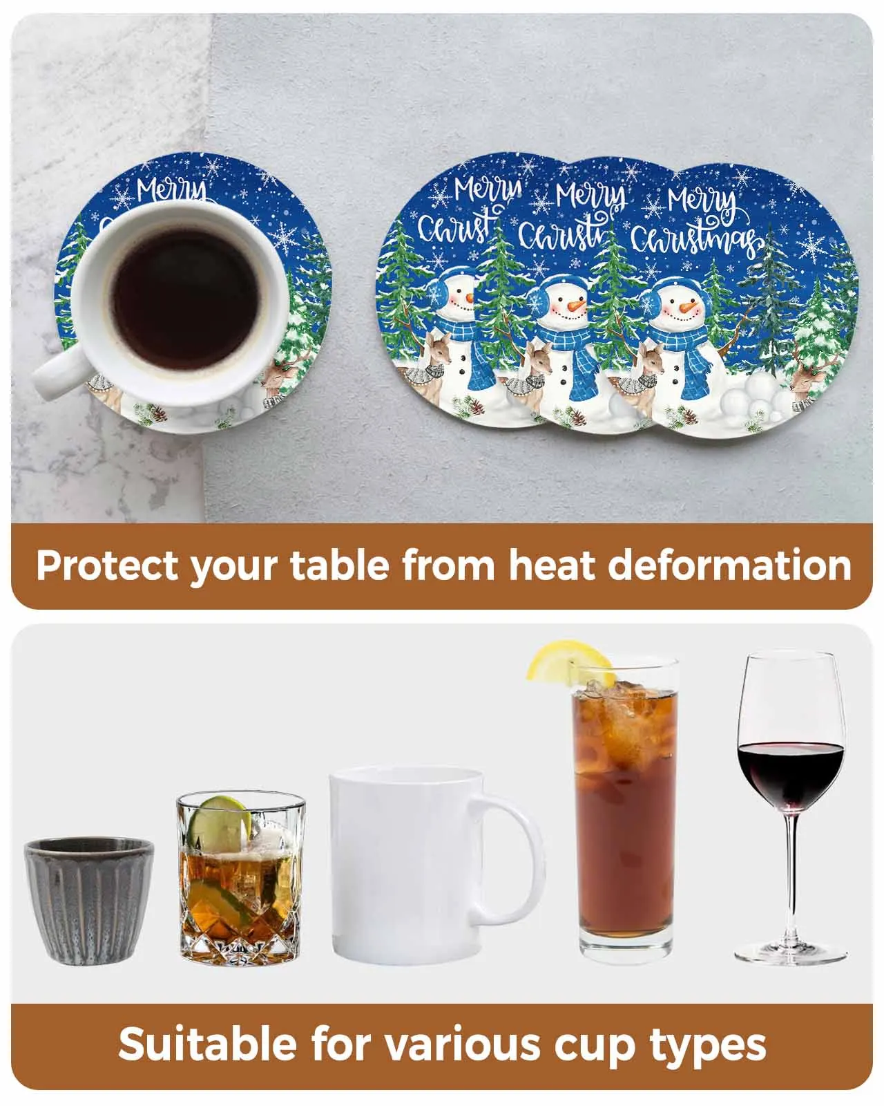 Blue Snowman Christmas Tree Snowflake Deer Round Coaster Coffee Table Mats Kitchen Accessories Absorbent Ceramic Coasters