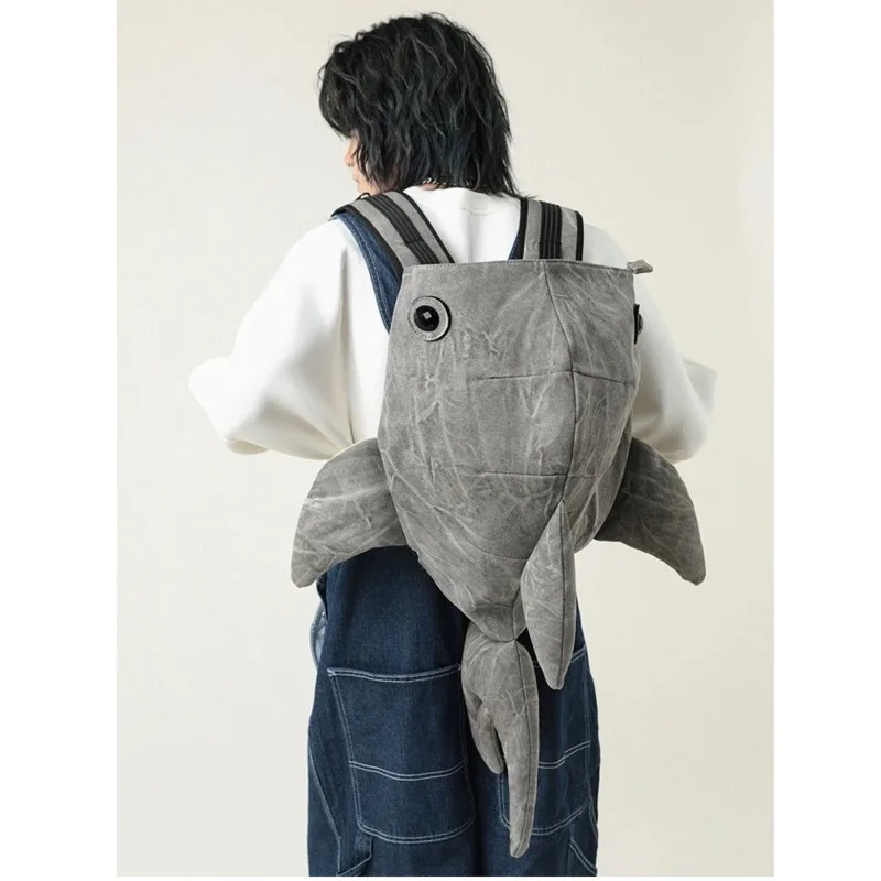 Shark Backpack Splicing Casual Solid Color Men's And Women's Backpack 2024 Large Capacity Zippered Canvas Decorative Animal Bag