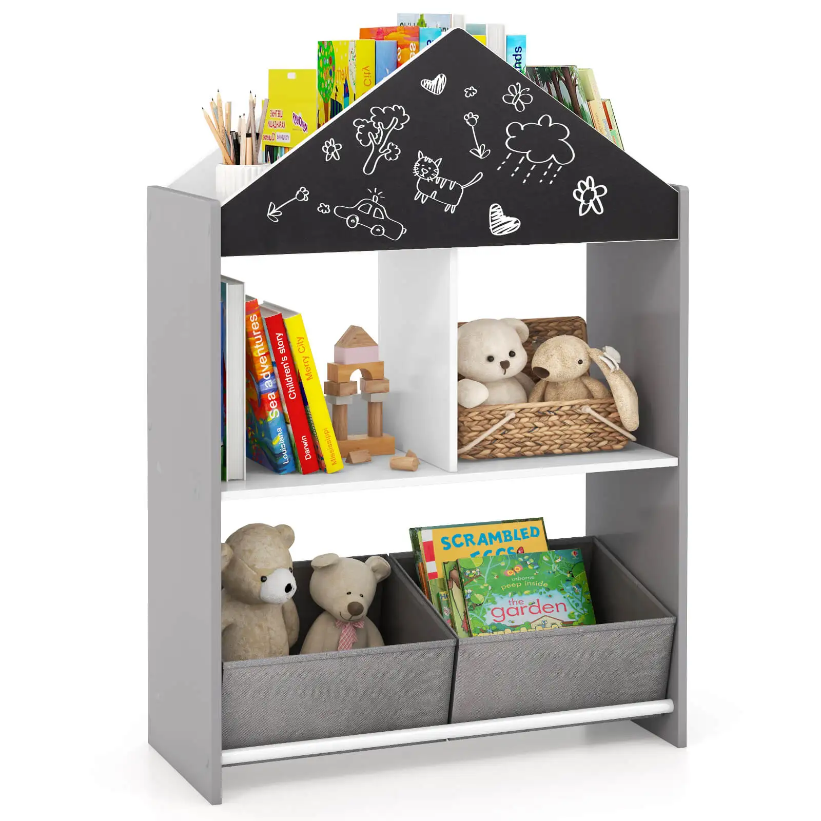 

Kids Dollhouse Bookshelf w/ Writable Chalkboard Whiteboard 4 Top Compartments