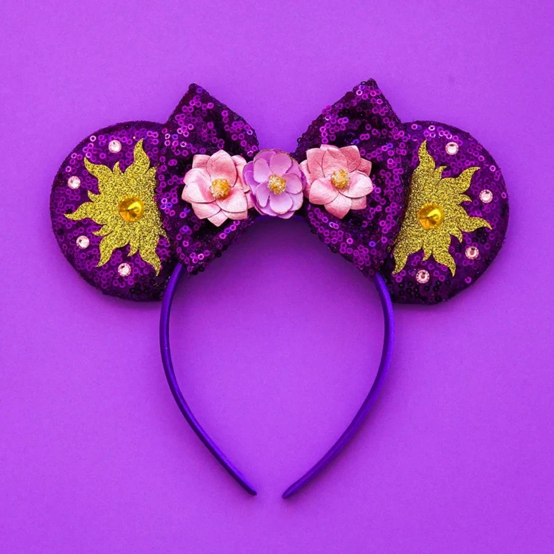 Disney Anime Rapunzel Haar bänder Frauen Sonnenblume Stirnband Mädchen Chamäleon Pascal Ohren Haarschmuck Kinder Pailletten Bogen Haarband