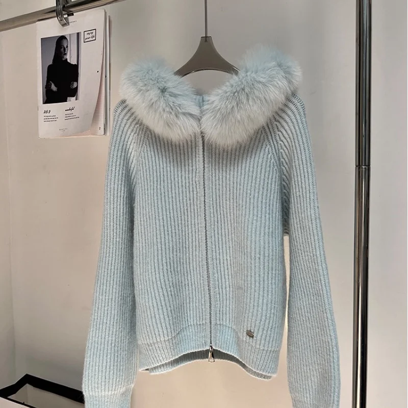 

Корейское модное кашемировое толстое вязаное пальто, женское осенне-зимнее новое свитер с длинными рукавами, куртка на молнии, верхняя одежда с капюшоном