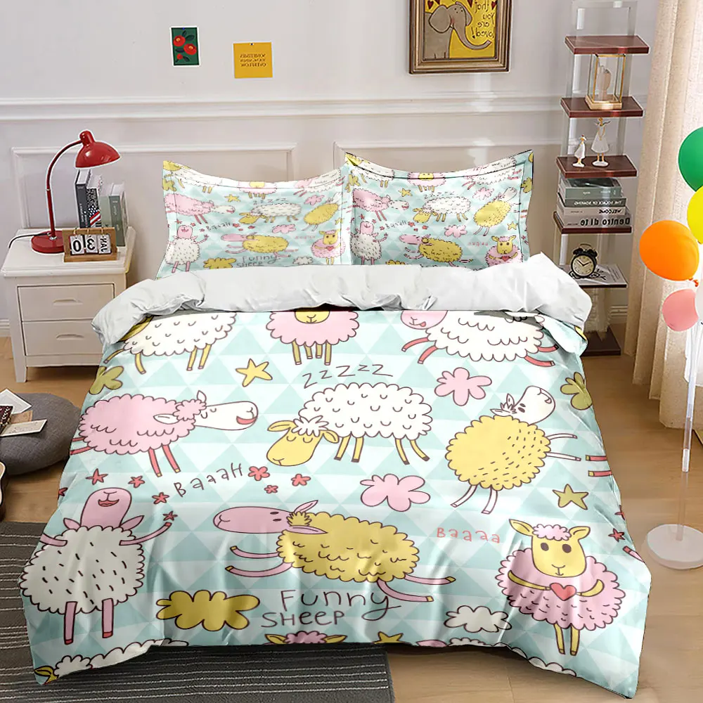 Funny cartoon sheep pattern Print Bedding Set 1 Duvet Cover 2 Pillowcases for Adult and Children Luxury Gift Full Size