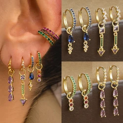 2PCS New Design Zirconia Huggies Hoop Earrings For Women Stainless Steel Geometry Pendant Cartilage Earring Piercing Jewelry