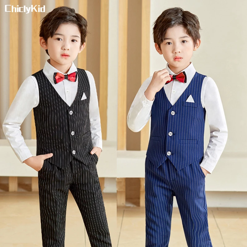 Boys Top Stripe Waistcoat Clothes Sets Kids Shirt Vest Trousers Formal Dress Suits Child School Uniform Baby Toddler Outfits