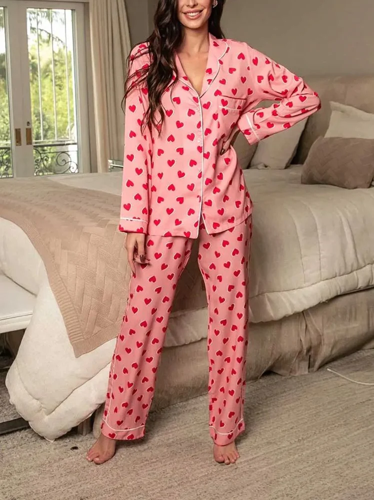 Women Pajama Set Sweet Heart Print Long Sleeve Lapel Button Closure Tops with Pants Leisure Sleepwear Loungewear Pajamas Daily