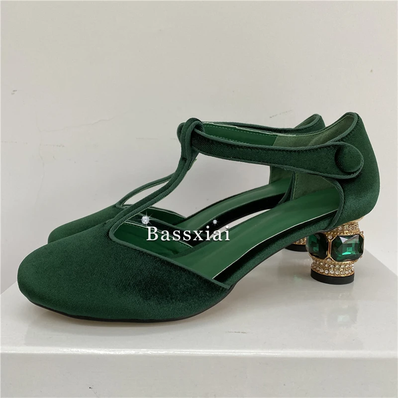 Diamond Crystal Heel Women Pumps Luxury Velvet Round Toe T-Strap Side Fretwork Banquet Shoes For Girls - Image 6