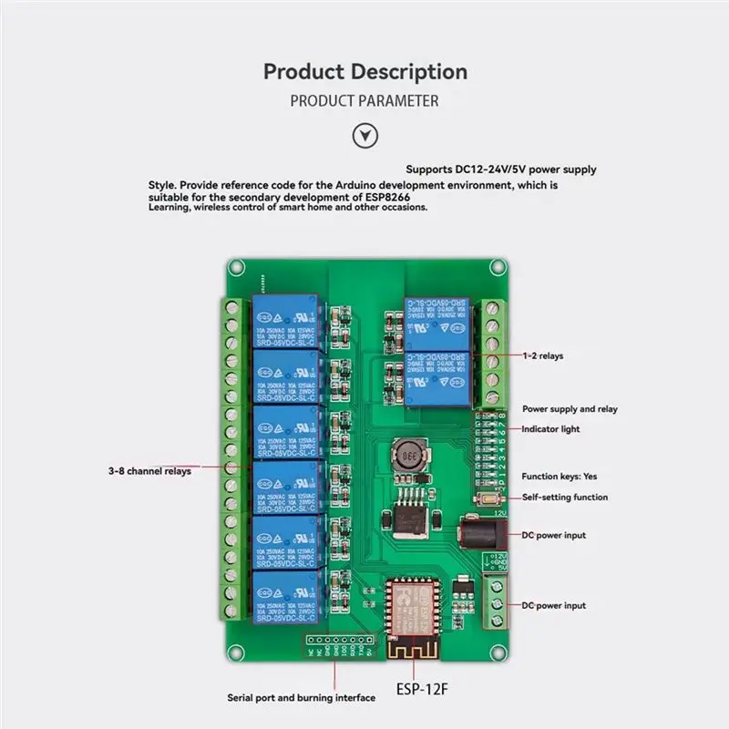 abbo-8チャンネルwi-fiリレーモジュール-esp-12f、arduino-ideの二次開発用dc12-24v-5v電源ボード
