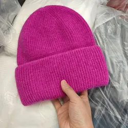 White Rabbit Fur Knitted Thickened Ear Protector Wool Beanie Hat Women Autumn Winter Loose and Small Face Warm Bag Head Cold Hat