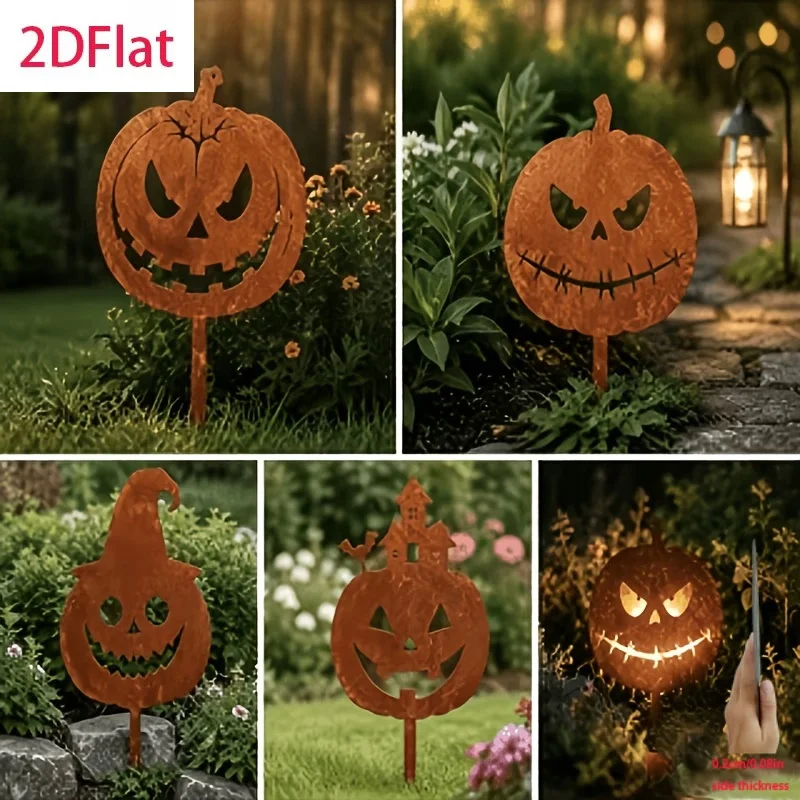 1/4 piece set rusted pumpkin garden stakes, Halloween yard decoration ornaments, outdoor lawn silhouette stakes