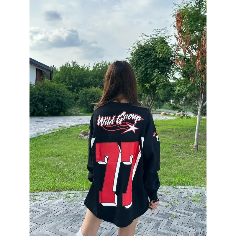 

Винтажная модная футболка с длинным рукавом, свободный топ большого размера для пар, шикарный дизайн Sense 77, цифровой топ, быстросохнущая мода 2025-26