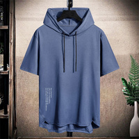 2025 Men's Summer Hooded T-shirt Short Sleeve Solid Color Loose Hoodies Drawstring Pullover Tops Basic Tees for Daily Wear Male