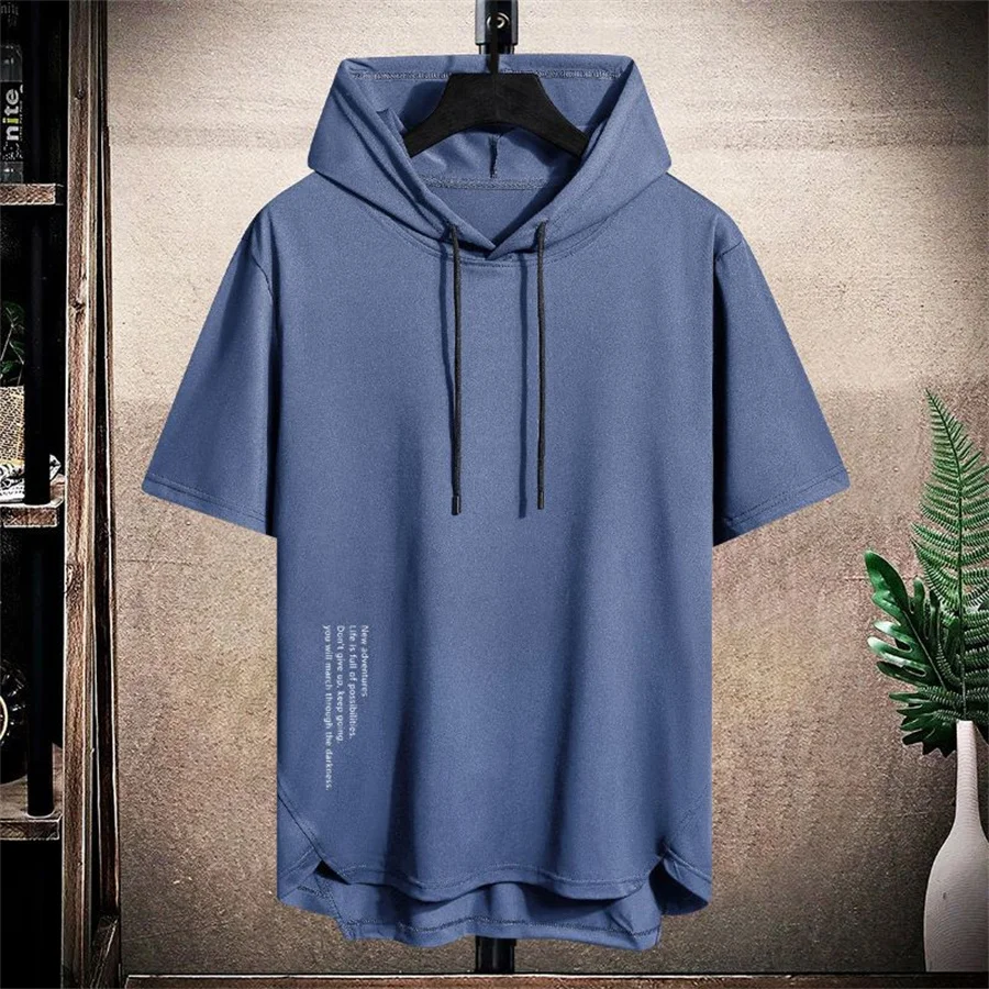 2026 Men's Summer Hooded T-shirt Short Sleeve Solid Color Loose Hoodies Drawstring Pullover Tops Basic Tees for Daily Wear Male