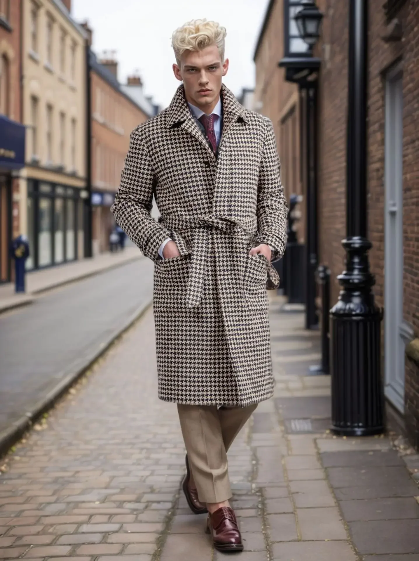 

Men Fashion Autumn Winter Woolen Overcoat Long Jackets Male Handsome Single Breasted Thickening Belt Solid Plaid Мужское пальто