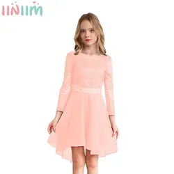 Kids Girls Elegant Lace Chiffon Party Dress Long Sleeve Hi-Low Hem Princess Gown with Sash for Wedding Birthday Evening Prom