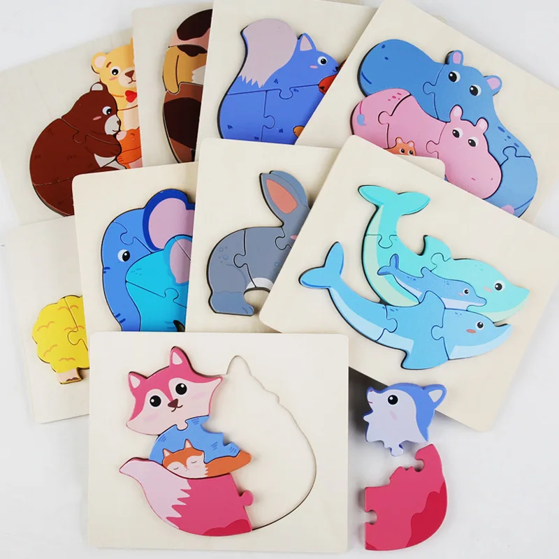 Puzzle d'animaux de dessin animé en bois pour enfants, jouets de puzzle pour plus de 3 ans, jeux d'intelligence d'apprentissage, nouveaux jouets pour enfants