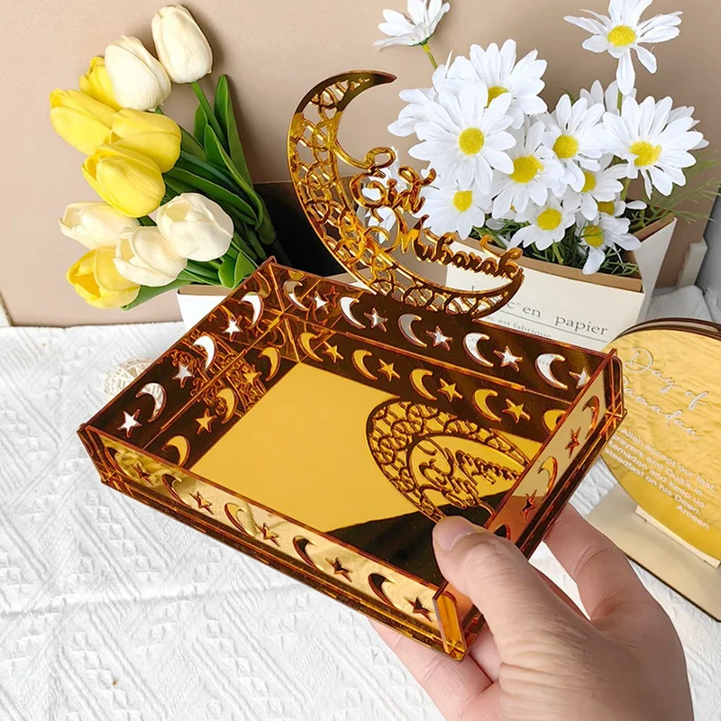 1 PCS Eid Mubarak Food Tray Ramadan Kareem Dessert Fruit Plate Gold Moon Star Castle Islamic Muslim Festival Decor Gift,C