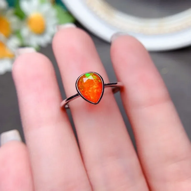 100% Genuine 925 Sterling Silver Oval Water Drop Orange Fire Opal Ring for Women Fine Jewelry Birthstone Ring Gift