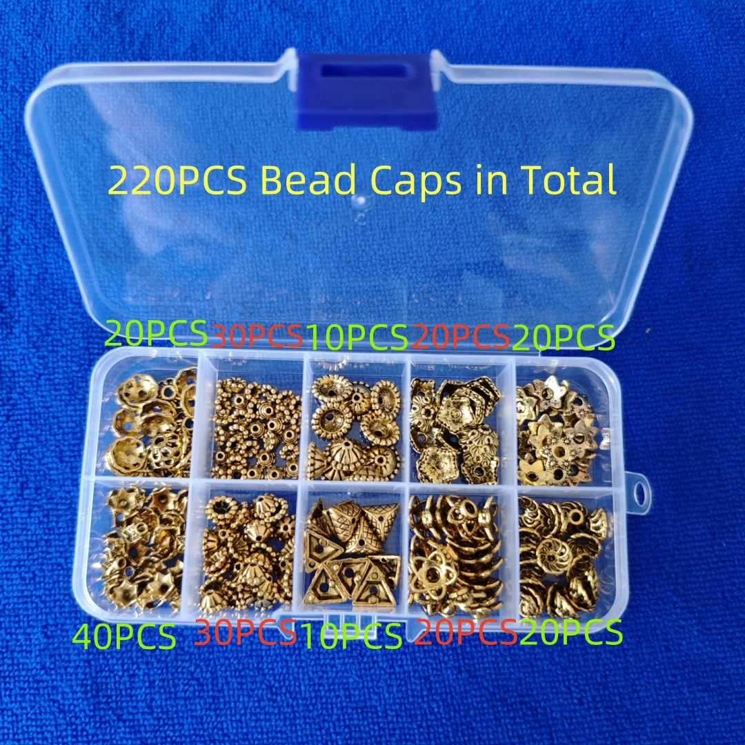 220PCS Antiqued Golden Metal Bead Caps for Jewelry Making in Storage Box