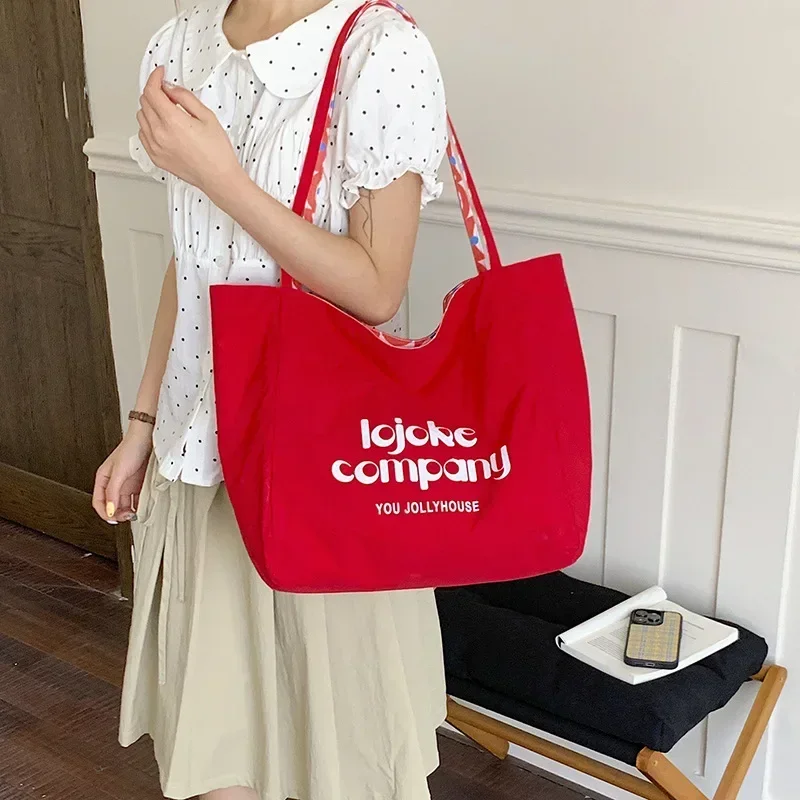 New Large Capacity Double-Sided Wave Pattern Nylon Tote Bag Casual Commute Lazy Shoulder Bag Graffiti Style Pure Color