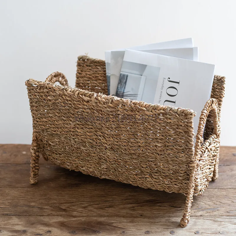 Sri Lanka imported hand-woven seaweed vertical magazine rack, living room floor small bookshelf storage rack