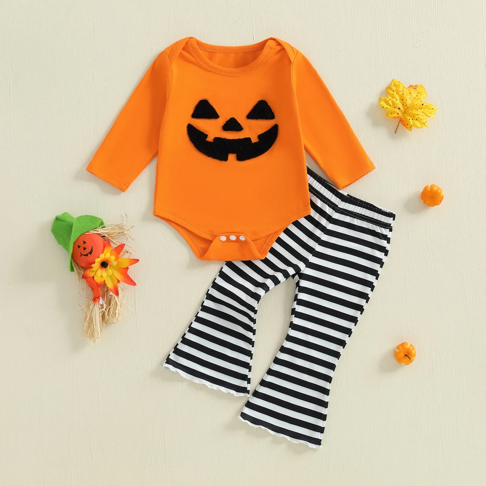 

Комбинезон с длинными рукавами и принтом тыквы для маленьких девочек на Хэллоуин + расклешенные брюки в полоску с эластичной резинкой на талии, комплект из двух предметов