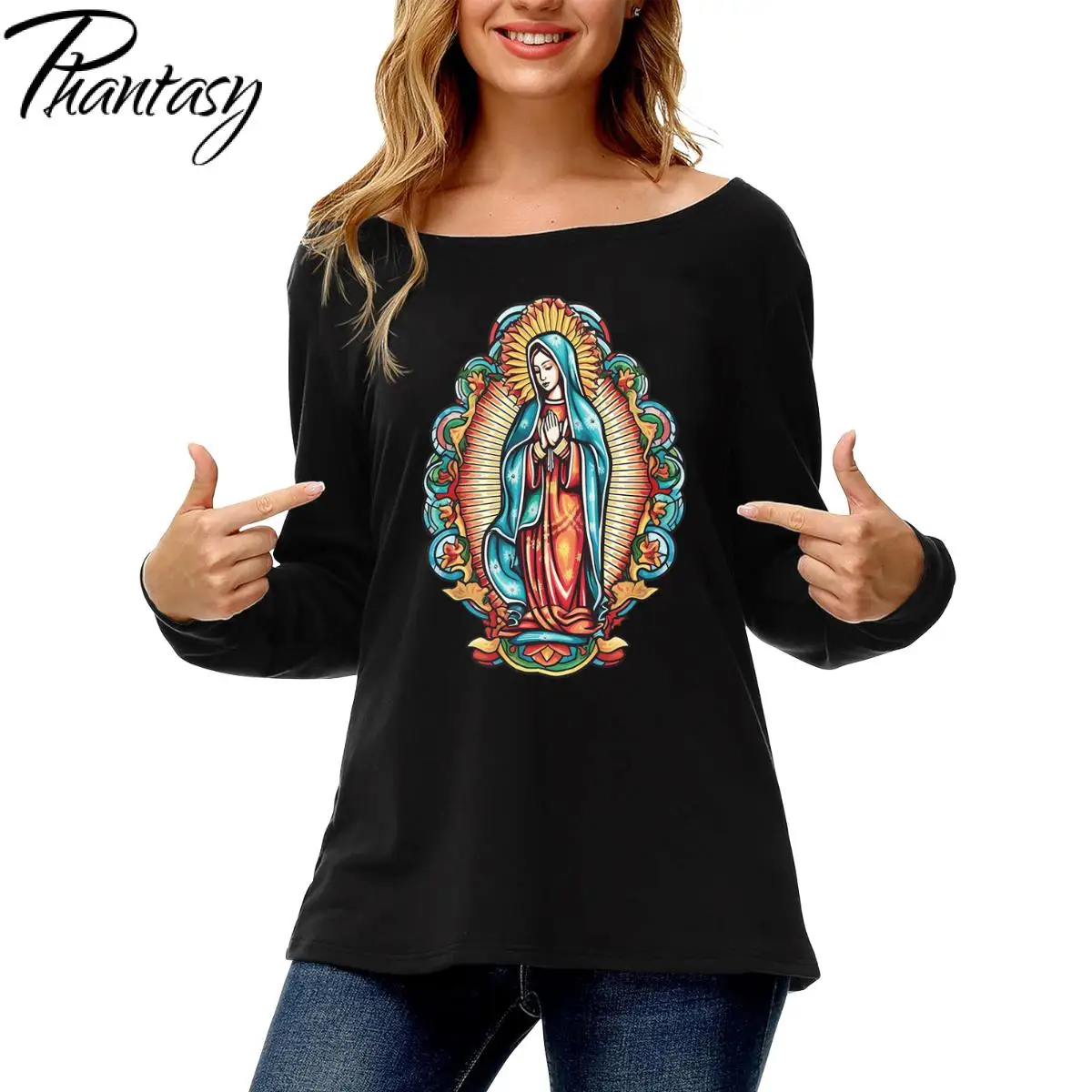 Phantasy Our Lady of Guadalupe Top for Women Virgin Mary Print Long Sleeve Shirt O-neck Sexy Streetwear Spring Summer Clothes