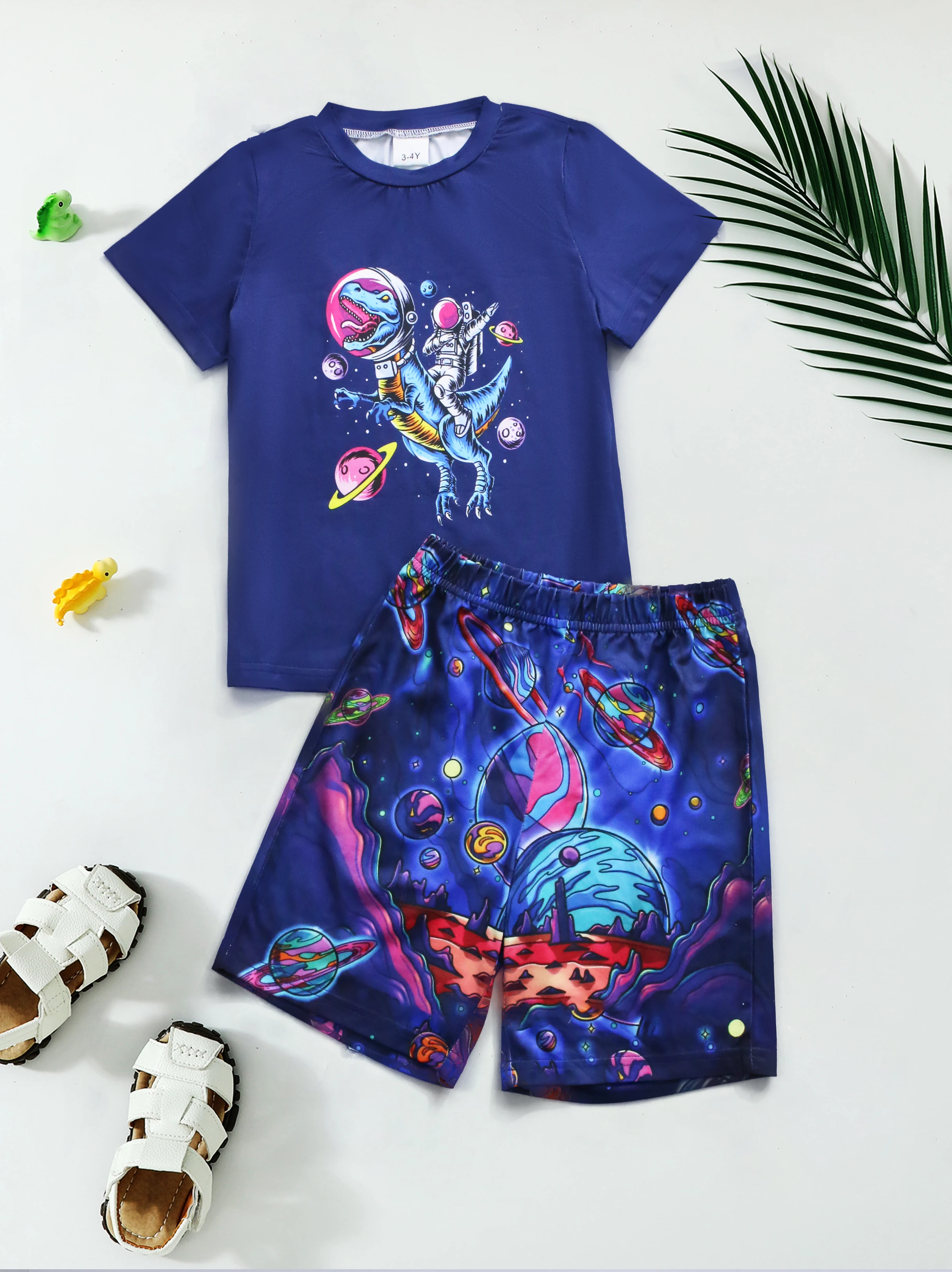 2pcs Kid's Fashion Luminous Dinosaur Pattern Print Pajamas, Comfortable Short Sleeve Top & Short Set, Dinosaur Pattern Comfy PJ