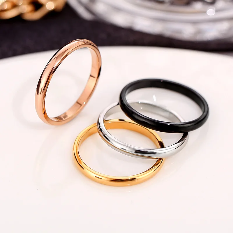 2MM Thin Titanium Steel Gold Color Couple Ring Simple Fashion Rose Gold Color Finger Ring For Women and Men Charm Jewelry Gifts