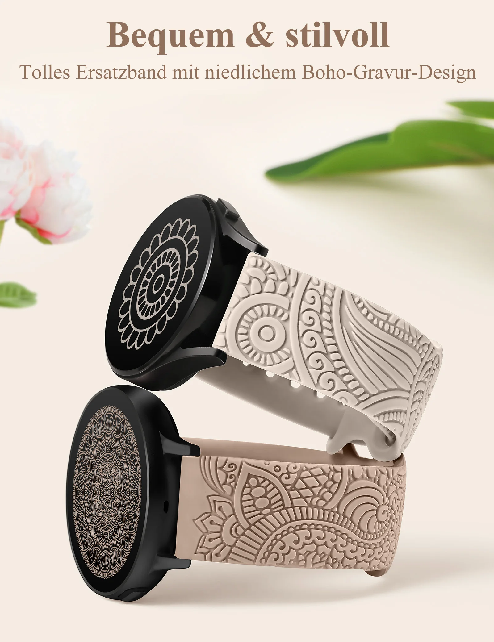 Wearlizer 2 Pack 20mm Floral Engraved Band For Samsung Galaxy Watch 7/6/5 40mm 44mm Silicone Strap for Watch 6 Classic/Active 2