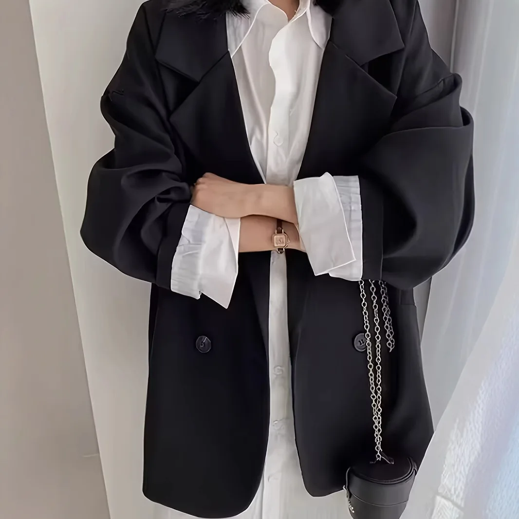 أزياء المرأة مع جيوب الصلبة مزدوجة الصدر السترة خمر طويلة الأكمام محززة الرقبة الإناث مكتب سيدة وتتسابق