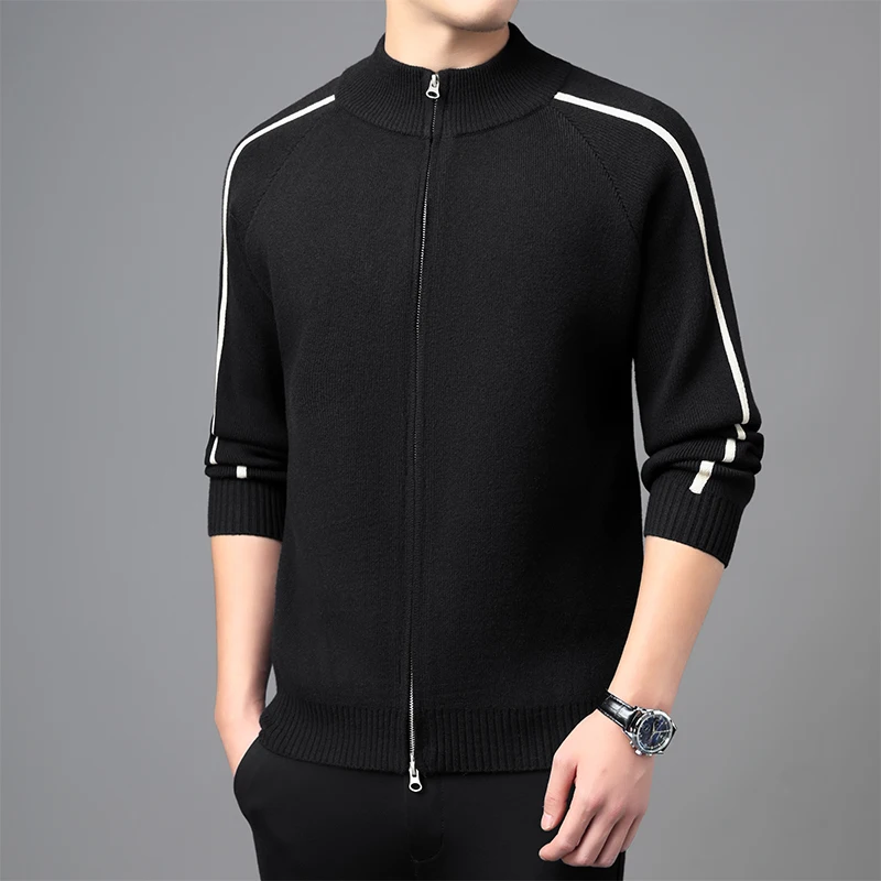 الرجال عارضة سترة البلوزات الخريف الشتاء تريكو أسود أخضر القهوة سستة مفتوحة الأكمام شريط تصميم محبوك سترة الحد الأدنى
