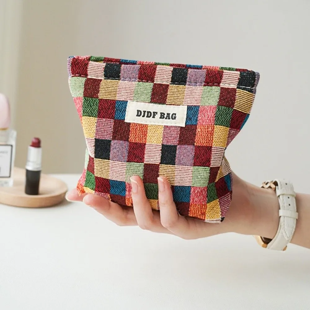 Portable Zipper Cosmetic Bag Small Size Plaid Pattern Toiletry Bag Storage Bag Outdoor