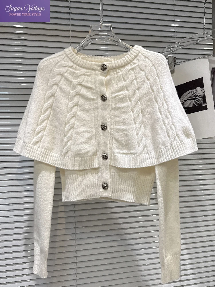 

Winter New Vintage Elegant Sweet Cable Knit Sweater Women Fake Two Piece Slim Short Knit Pullover Shawl Design Chic Casual Style