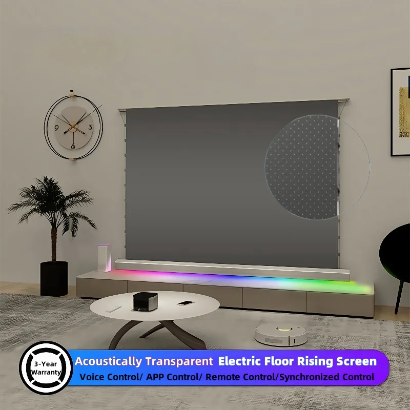 

Electric Floor Rising Screen with Punch Hole Sound Transmission & Ambient Light Blocking Technology 100''-150'' Silent Motor