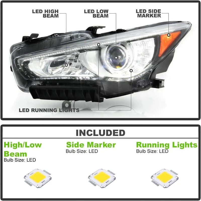 2014 2017 인피니티 Q50 쌍 헤드라이트 좌측 또는 우측 블랙 하우징, LED 프로젝터 헤드라이트, DRL 포함