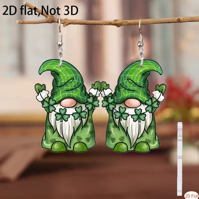 New Green Gnome Earrings - 2D Flat Acrylic Ear Jewelry with Lucky Clover for St. Patrick's Day