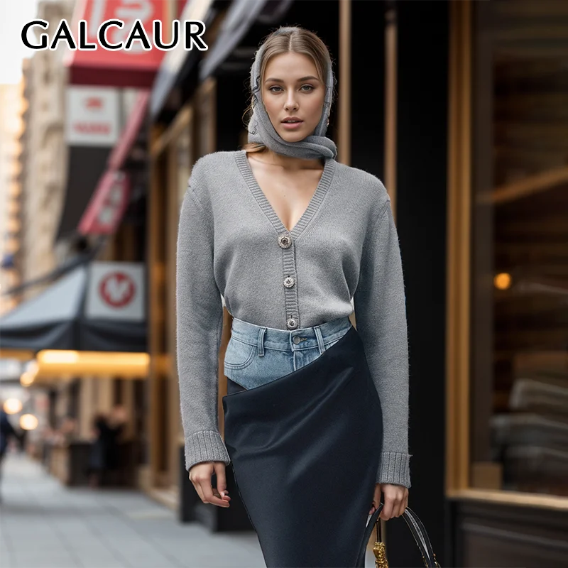 

GALCAUR Patchwork Knitted Women Wseaters O Neck Long Sleeve Single Breasted Loose Folds Fashion Hit Color Sweater Female Autumn