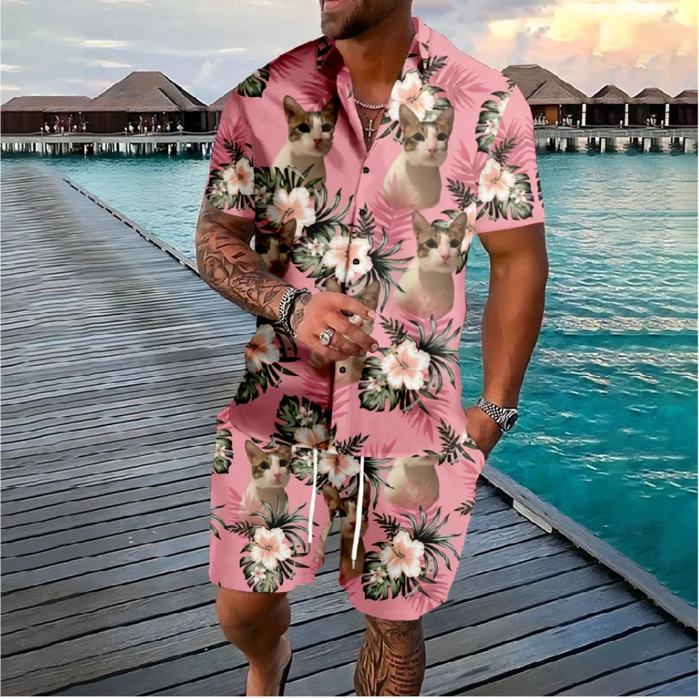 Summer Animal Cat 3D Print Men Shirt Sets Short Sleeve Shirt Oversized Casual Beach Shorts Streetwear Hawaiian Suits Clothes