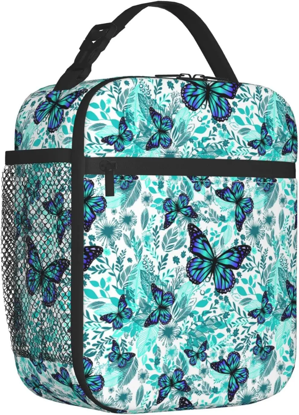 Borsa da pranzo isolata con farfalla e fiori blu per borsa da viaggio da ufficio per donna e uomo taglia unica per Picnic Shcool