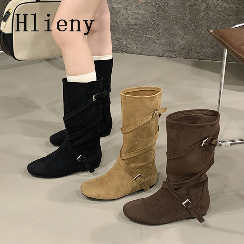 

Hlieny New Round Toe Woman Mid Calf Boots Cross Belt Buckle Suede Autumn Winter Ladies Boots Fashion Low Flat Heels Shoes