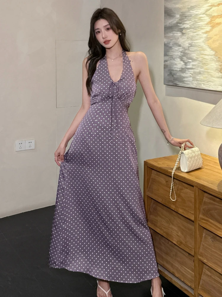 Robe longue de vacances française élégante pour femmes, Sexy, Vintage, violet, col licou, Maxi, Robe de vacances, dos nu, à bandes, robes de soirée