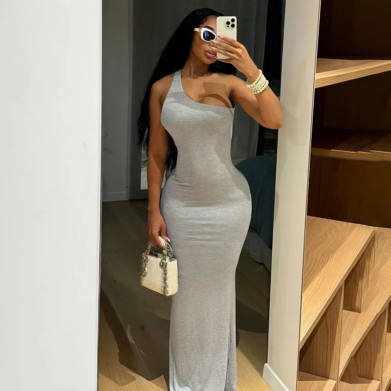 

Women Solid Elegant Sexy Maxi Mermaid Party Dress One Shoulder Sleeveless Backless Slim Casual Streetwear Vestidos Long Robe